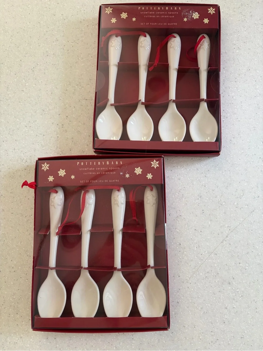 NWT Pottery Barn White Ceramic Snowflake Serving Spoons with Red Ribbon Set of 8